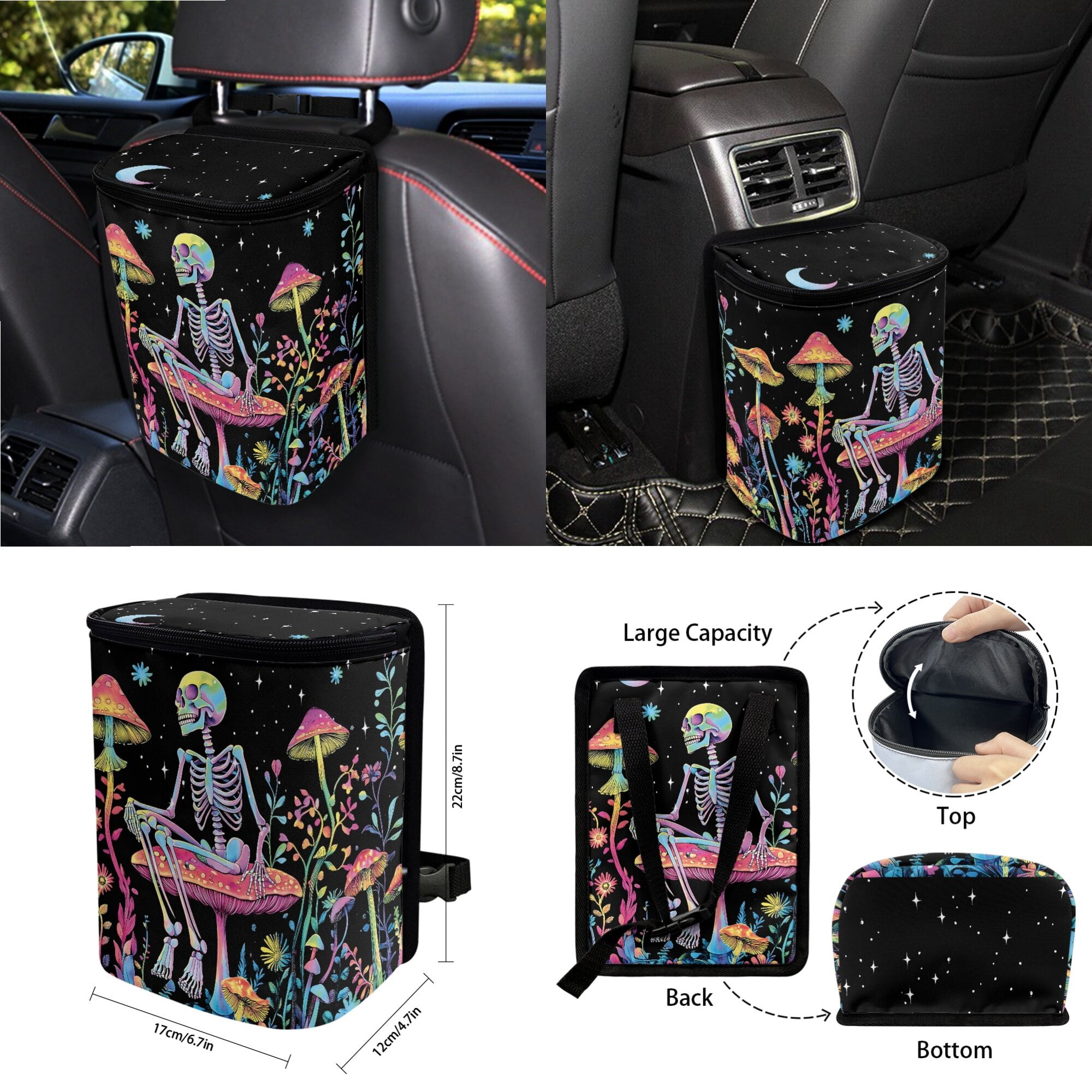 LedBack Skeleton Mushroom Print Auto Seat Covers Set Star Moon Print Front Back Seat Covers Steering Wheel Cover Seatbelt Pads Rearview Mirror Cover Trash Bag Universal Fit Most Cars