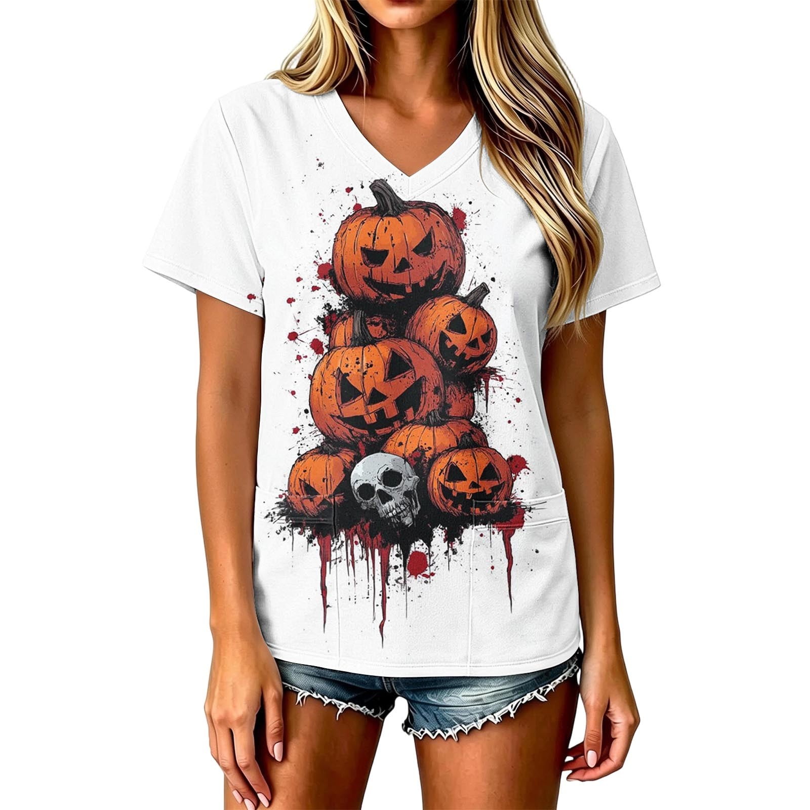 Zormilly Scrub Tops Women Halloween V Neck Short Sleeve Plus Size Scrubs Tops with Pockets Printed Breathable Nursing Tops, S-5XL