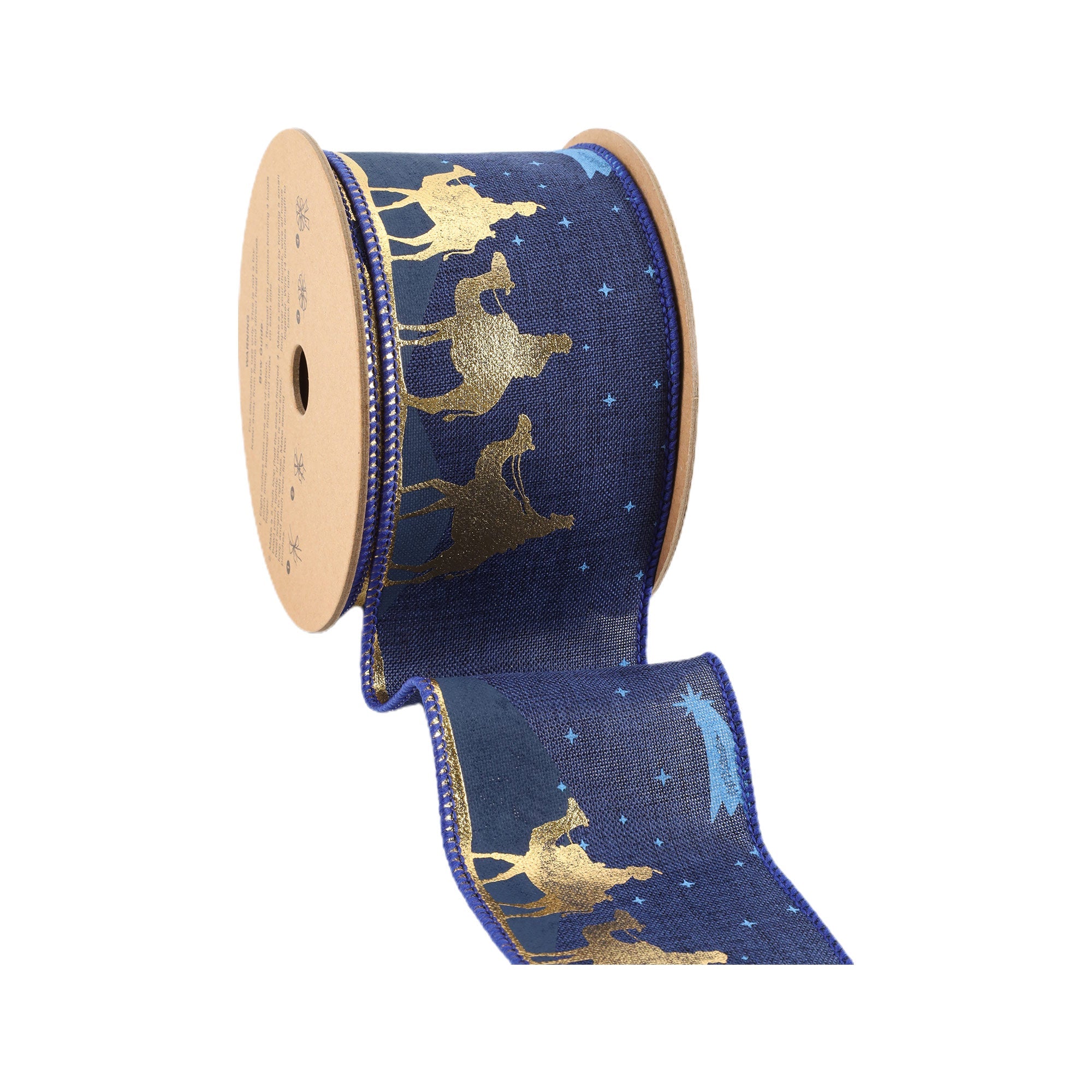 LaRibbons 2 1/2" Faux Linen Wired Ribbon, Blue w/ Gold Print Three Wise Men, 10 Yard Roll