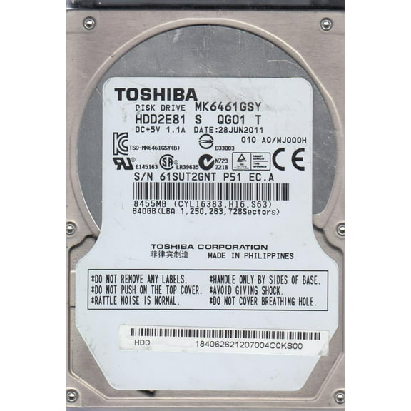 MK6461GSY, A0/MJ000H, HDD2E81 S QG01 T, Toshiba 640GB SATA 2.5 Hard Drive