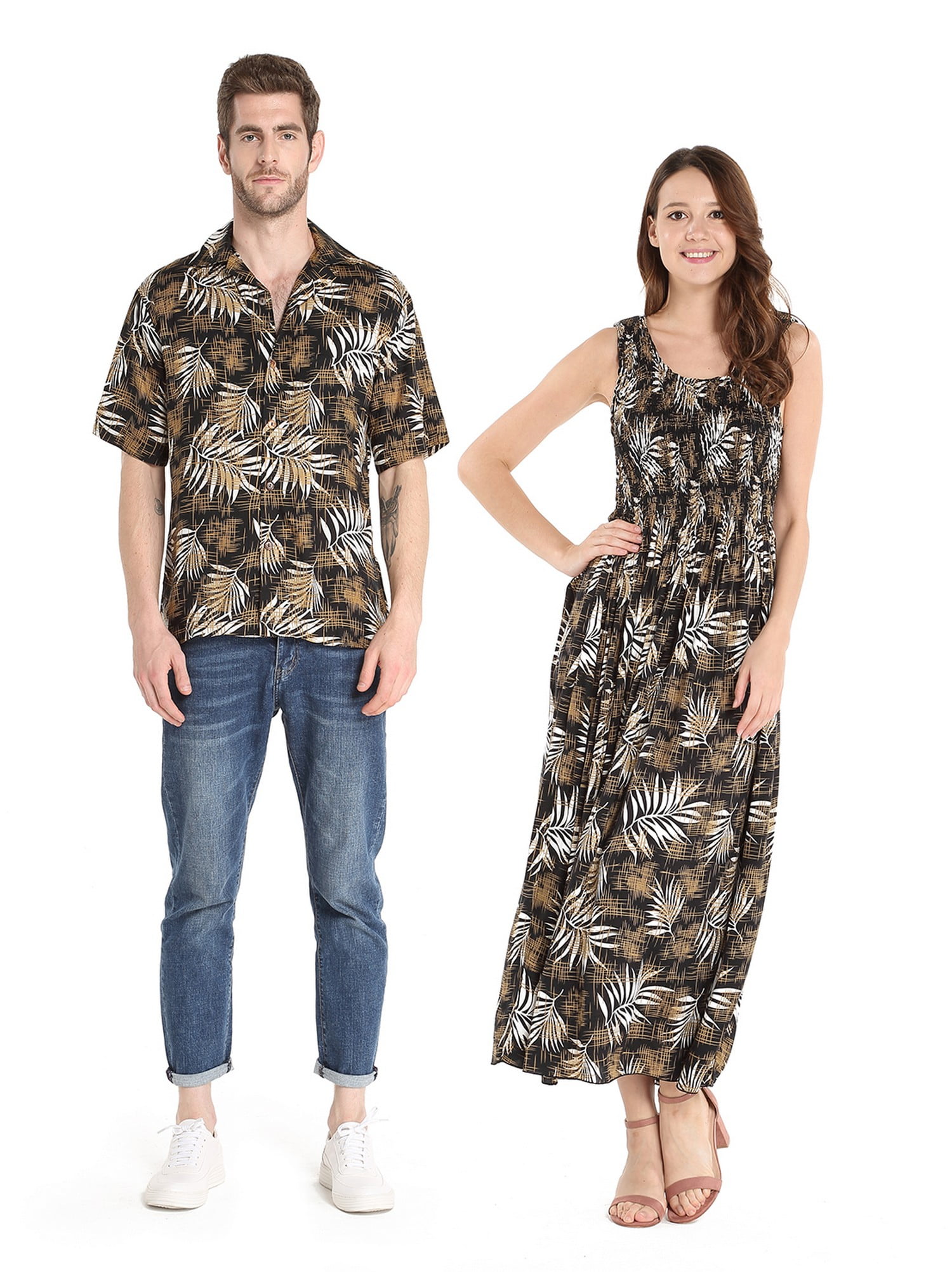 Couple Matching Shirt Dress Luau Hawaiian Cruise Short Tank Black Rafelsia 