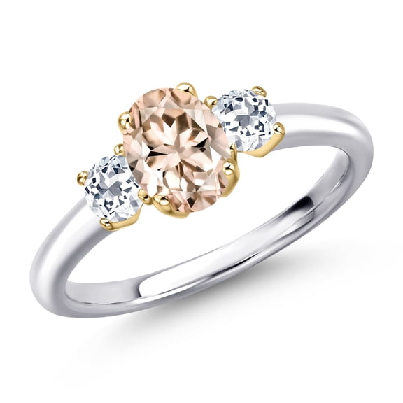 Gem Stone King 925 Silver and 10K Yellow Gold Peach Morganite and White Topaz Engagement Ring for Women | 1.08 Cttw | Oval 7X5MM | Gemstone October Birthstone | Size 5