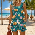 thumbnail image 4 of Halloween Lounge Wear for Women 2 Piece Set Pumpkin Candy Sleeveless Spooky Tank Tops and Bat Castle Wide Leg Funny Shorts, 2XL, 4 of 6