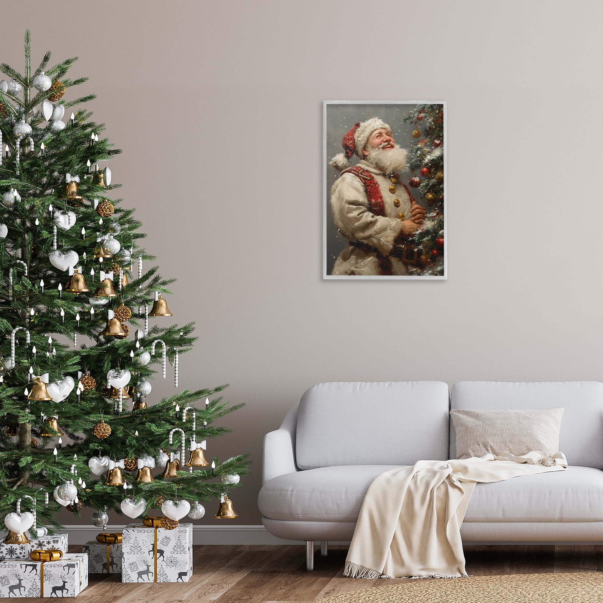 Stupell Industries Happy Santa & Tree Holiday Painting Gray Framed Art Print Wall Art, 20 x 30