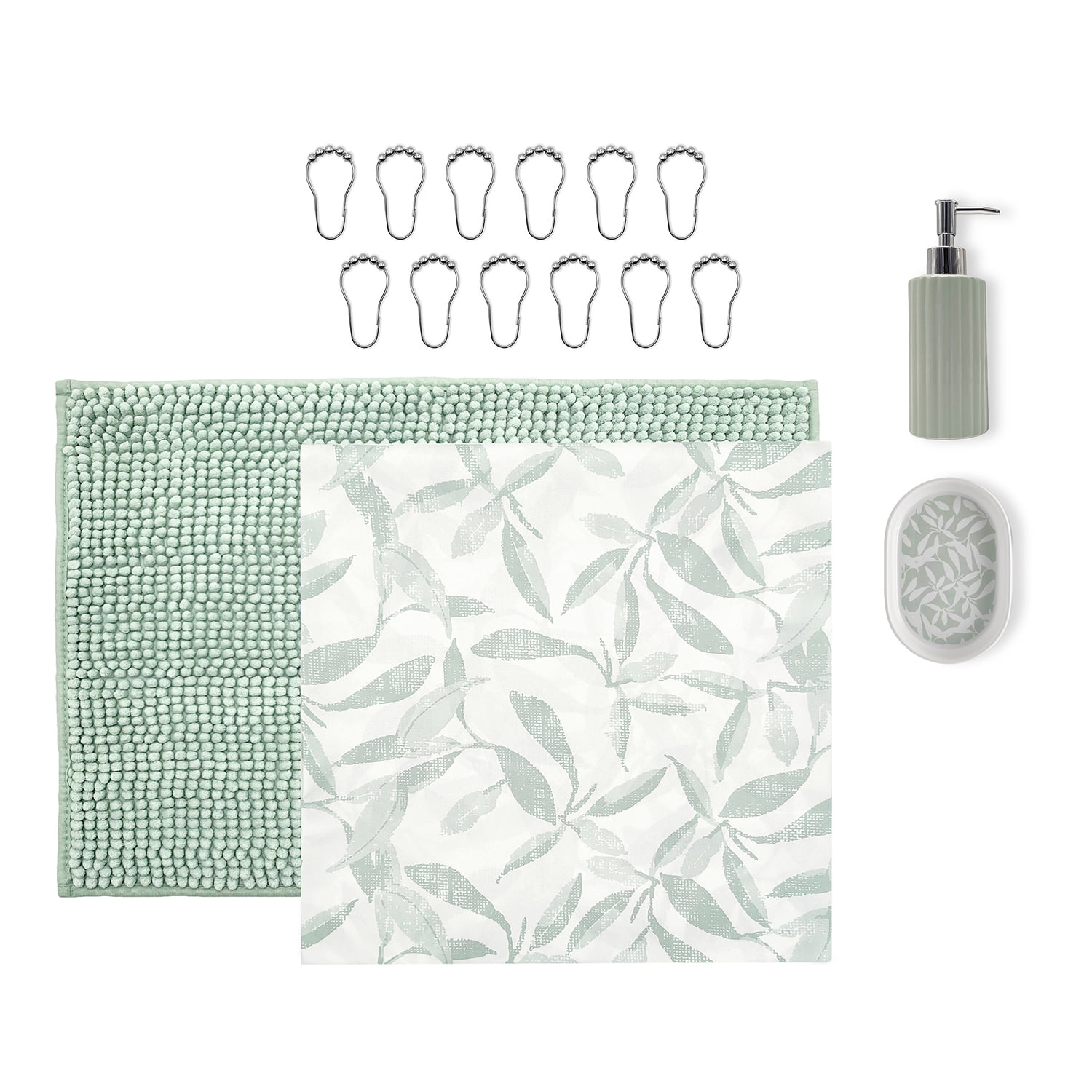 Mainstays 16-Piece Green Leaf Shower Curtain Bathroom Set - Fabric Curtain with Rug, Hooks, Soap Dispenser & Tray