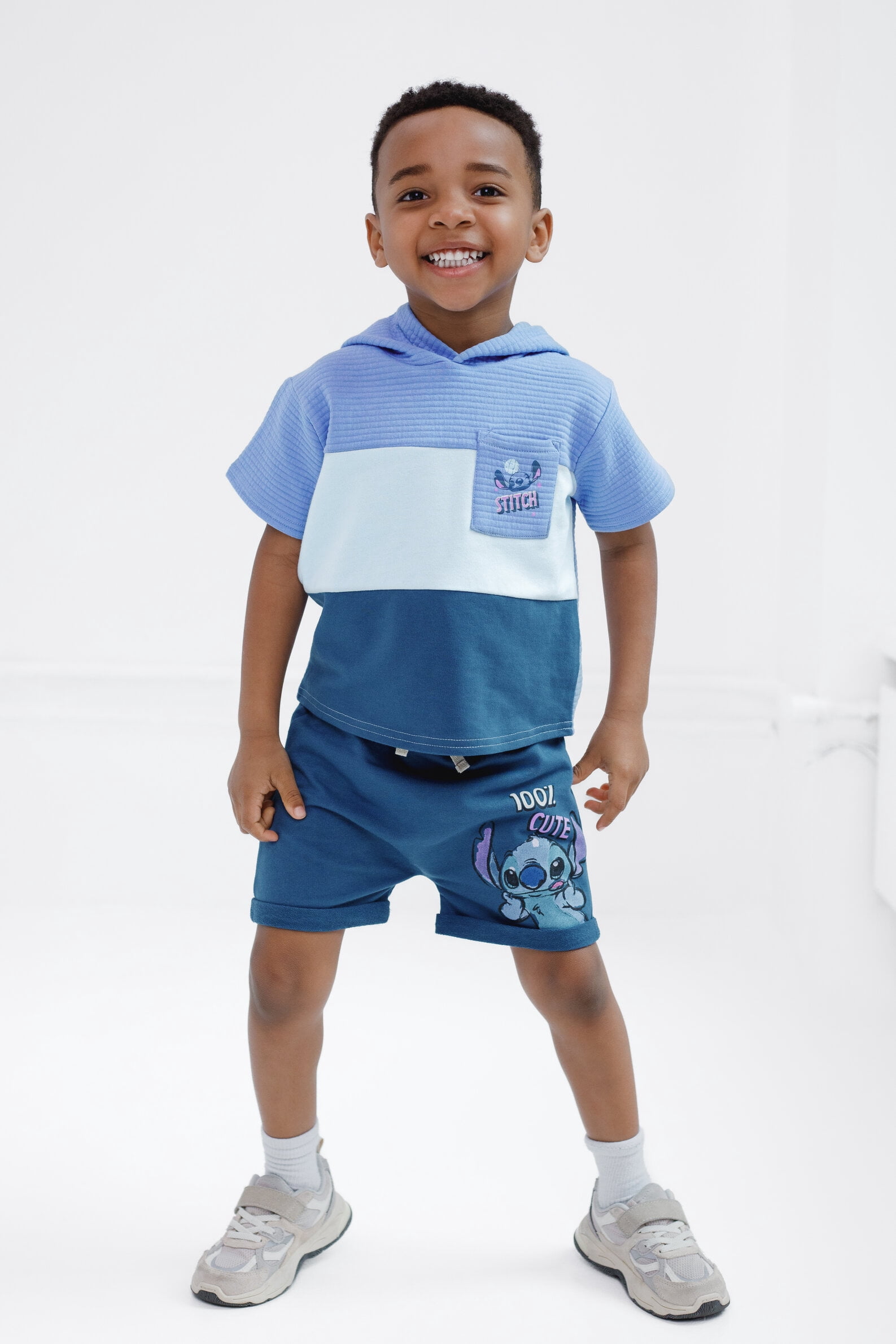 Disney Lilo & Stitch Toddler Boys' 2-Piece Hooded Tee and Shorts Set Navy Blue Stitch