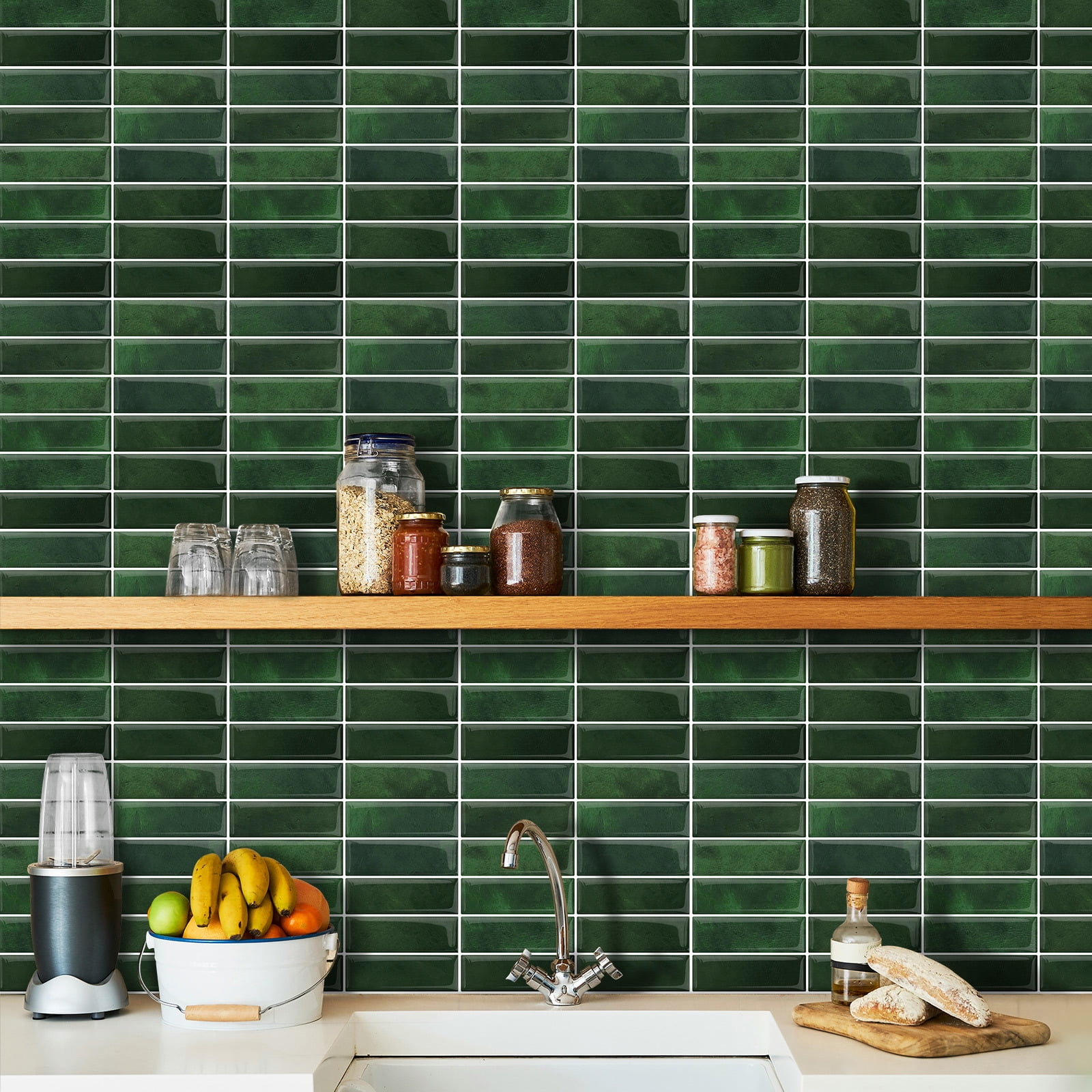 DEWOO Peel and Stick Backsplash - 10 Sheets of 12"×12" - 3D Adhesive Peel and Stick Tile Backsplash for Kitchen, Bathroom, Wall Tile, Emerald Green