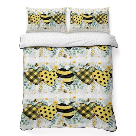 Bees Loves Twin Quilt Bedding Set Vintage Country Yellow Bee Plaid Dot Love Floral Grey Plaid Lightweight Comforter with 2 Pillow Shams Bedroom Bedspread Set Home Decor for All Seasons