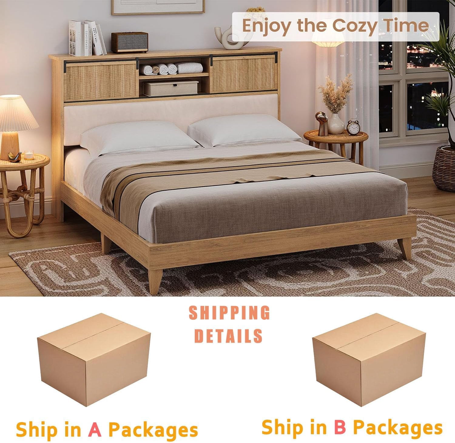 Rattan King Bed Frame with Headboard & Storage Shelves, Boho Rattan Bed Frame King Size, Solid Wooden Bed Foundation with Sliding Door Shelf, Noise-Free, No Box Spring Needed & Easy Assemble