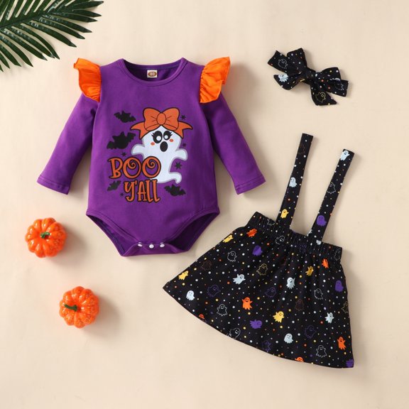 Baby Girl Halloween Outfit Fall Elements Long Sleeve Romper Suspender Skirt Clip 3 Piece Sets Size 9-12M