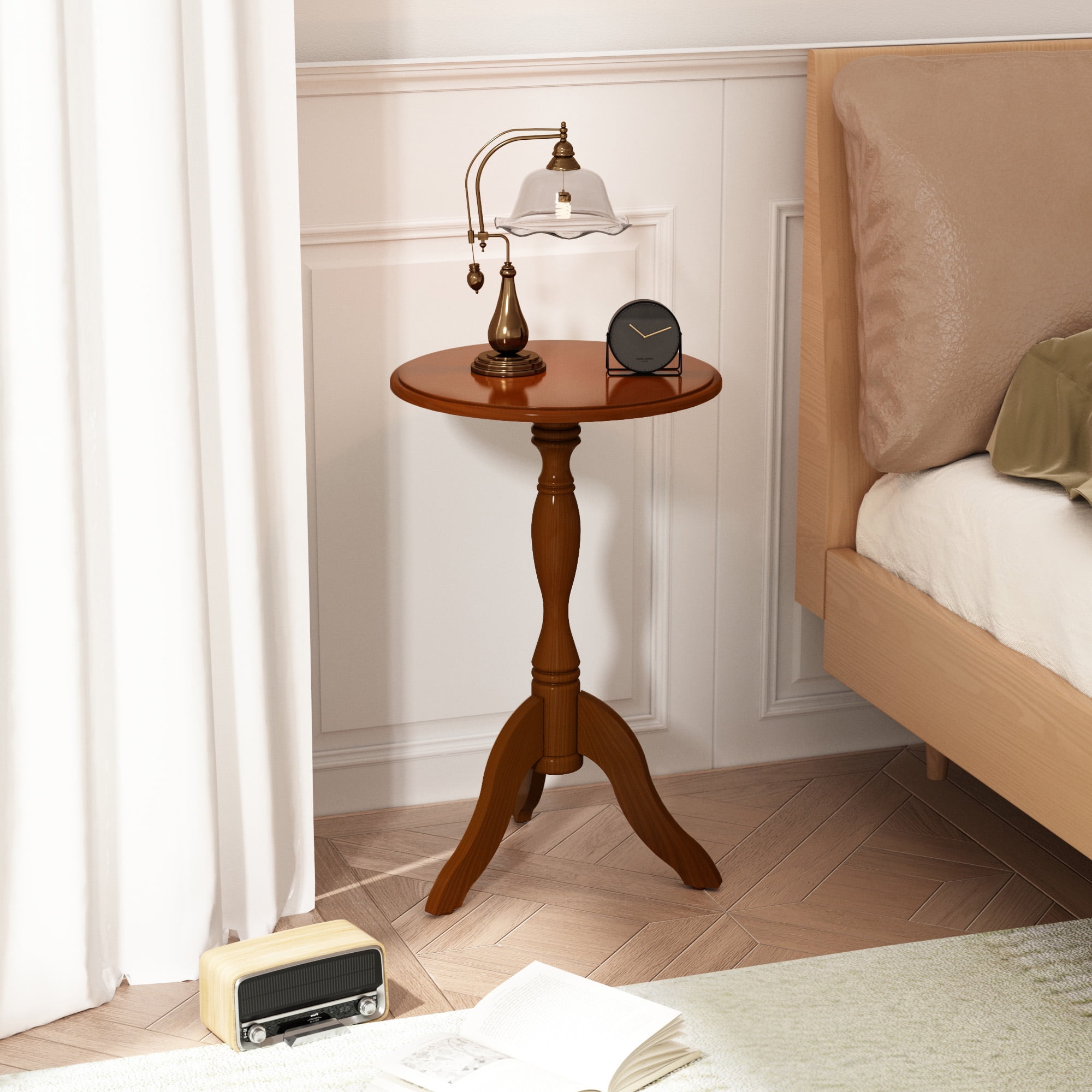 HLR Round Small End Table, Wooden Pedestal Side Coffee Table,  Vintage Accent Nightstand for Living Room, Entryway,  Brown