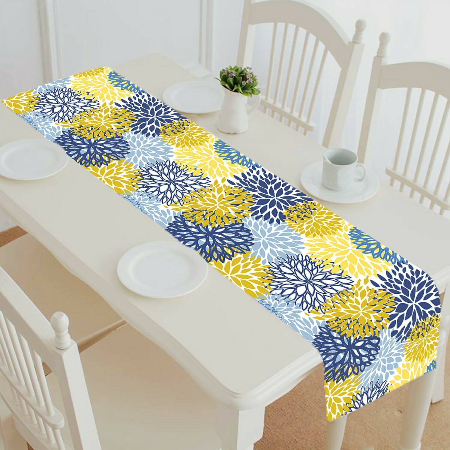 Oarencol Blue Yellow Floral Chrysanthemum Table Runner Double Sided 13x70 inch Polyester Table Cloth