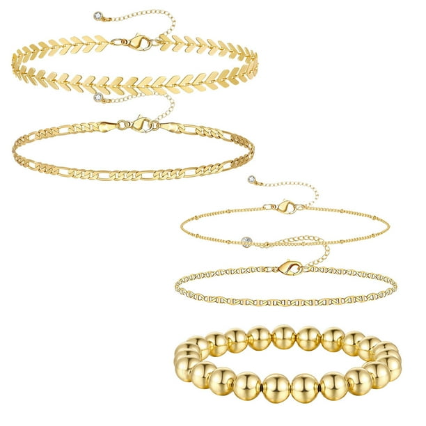 Juego de pulseras de cadena con cuentas de oro para mujer, pulsera de eslabones de cadena de oro fino y delicado chapado en oro real de 21 quilates, pulseras de oro ajustables apilables, joyería para