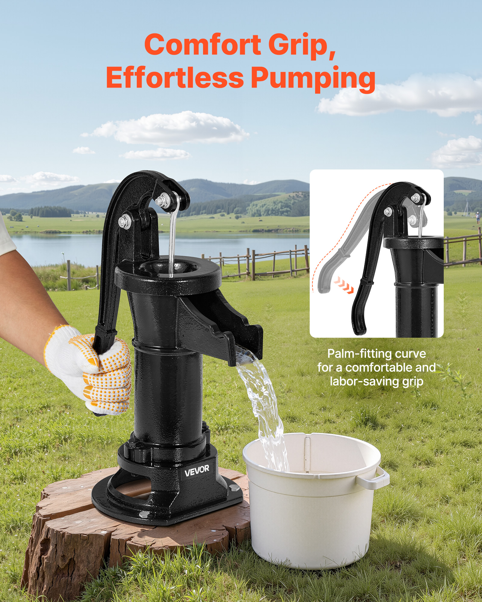 VEVOR Well Hand Pitcher Pump, 25 ft Maximum Lift, Antique Cast Iron Manual Hand Water Pump, NPT 1-1/4 in Connection, Easy Installation, Old Fashioned for Outdoor Garden, Pond, Backyard, Farm, Black