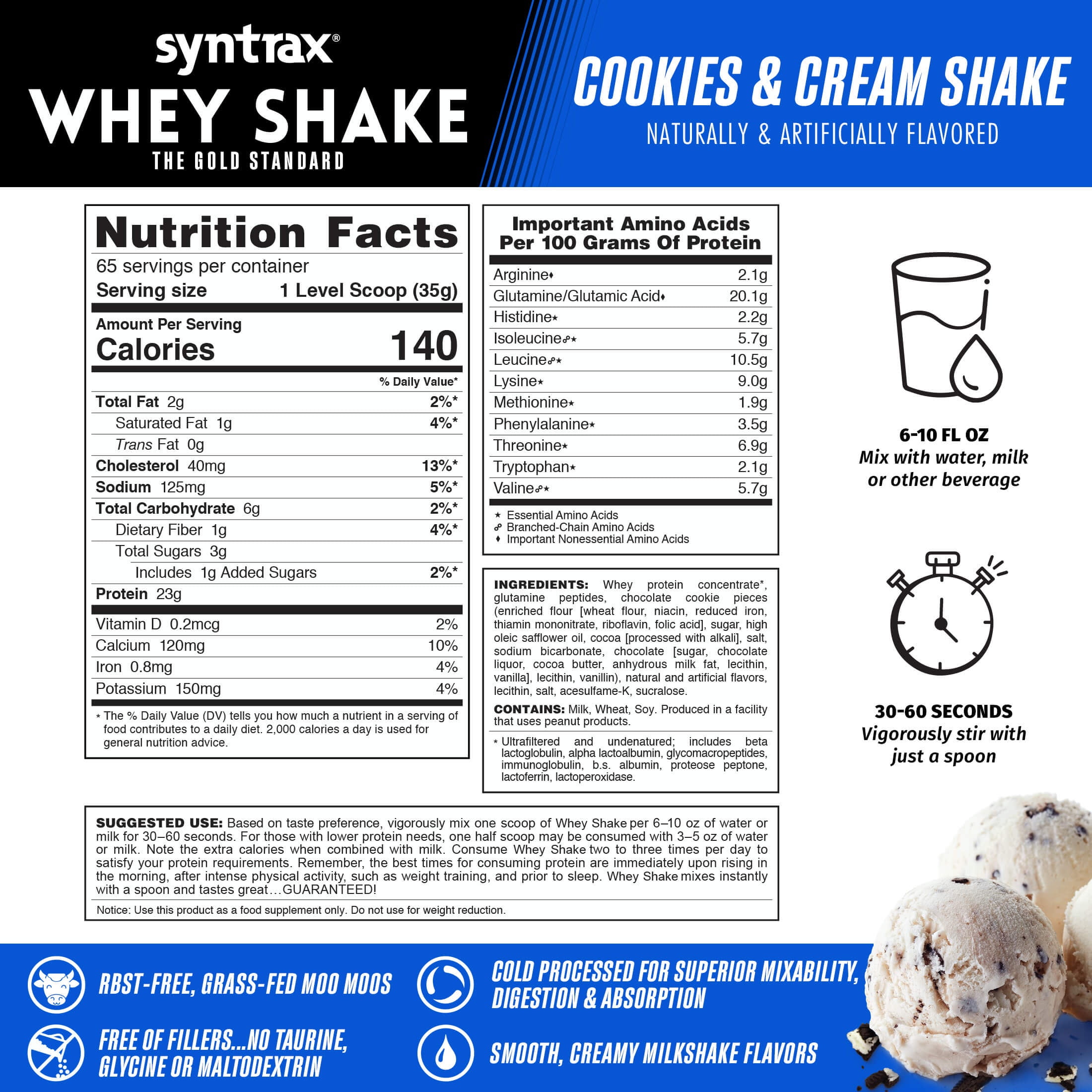 Syntrax Whey Shake, Cookies & Cream Shake, 5 lbs. Cold Filtered & Undenatured Whey Protein Blend, with Real Cookie Pieces