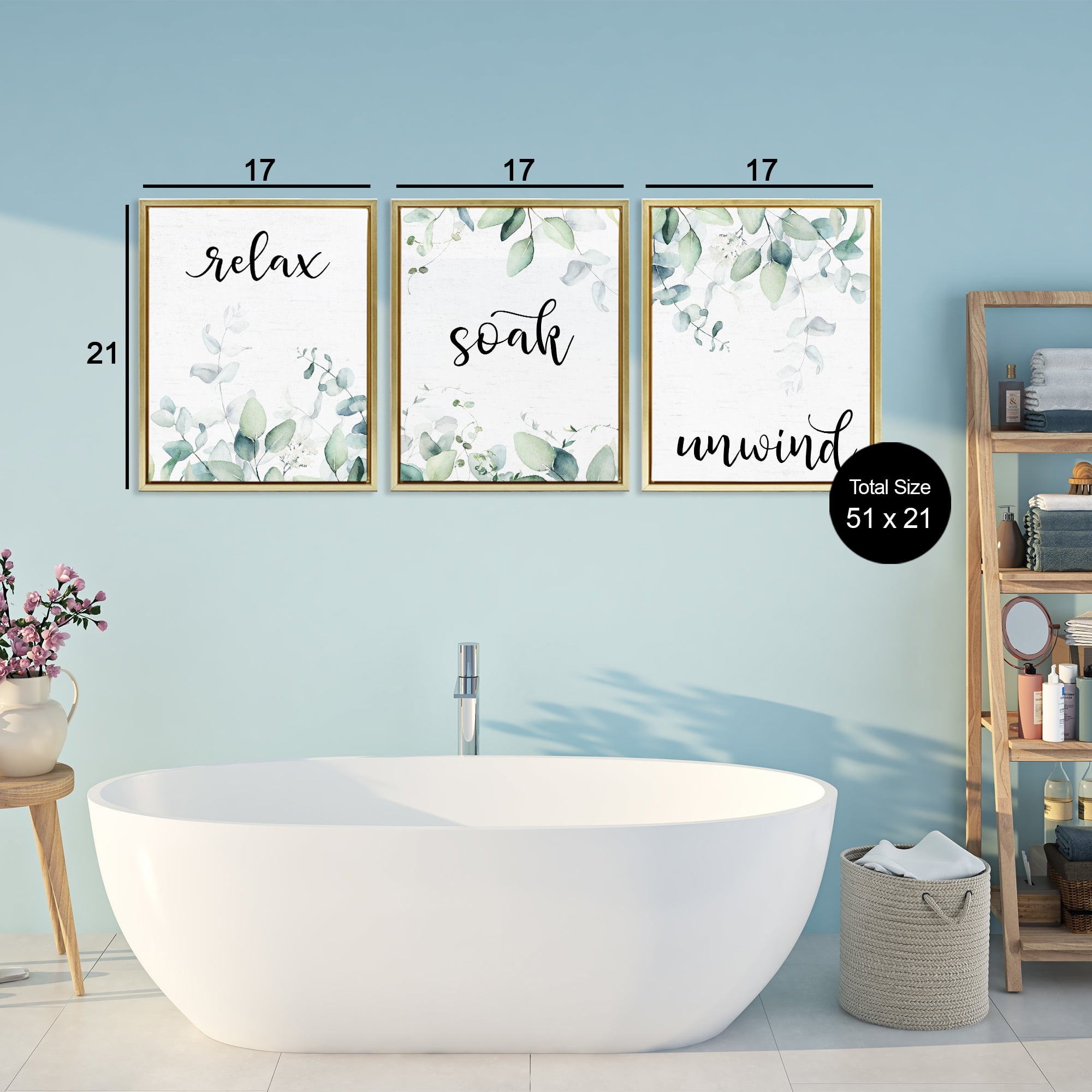 Leafy Bathroom Herbs 3 Piece Gold Framed Floater Canvas Set, design by Lettered and Lined
