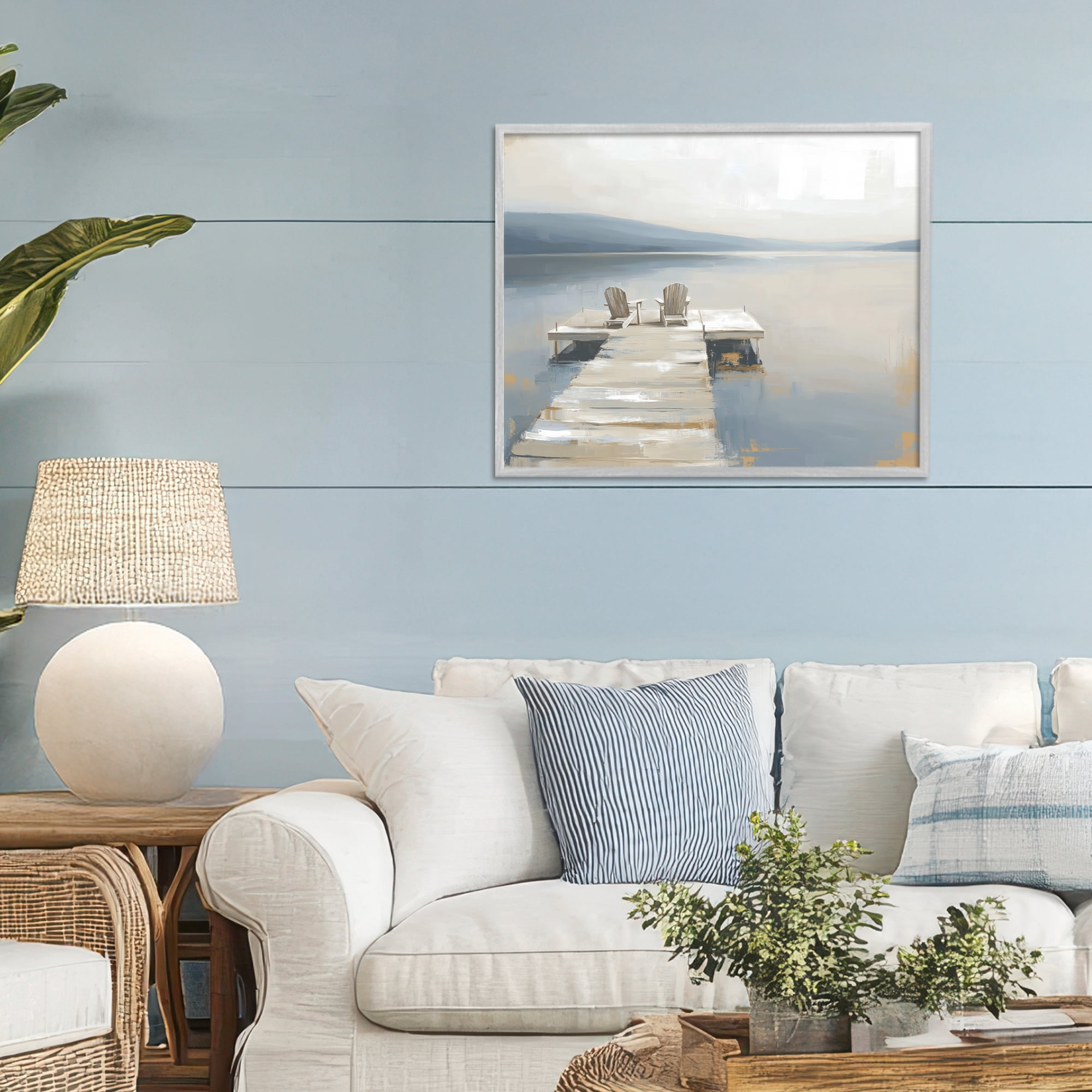 Stupell Industries Adirondack Chairs on Pier Gray Framed Giclee Art, design by Kim Curinga