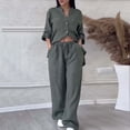 thumbnail image 2 of Guiexla 2Pcs/Set Women Shirt Pants Set Solid Color Long Sleeves Single-breasted V Neck Blouse Elastic Waist Loose Wide Leg Trousers Casual Commute Clothes, 2 of 7