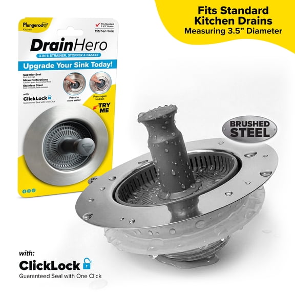Drain Hero™ 3-in-1 Kitchen Sink Strainer, Stopper Basket – Stainless Steel, Anti-Clog, Dishwasher Safe