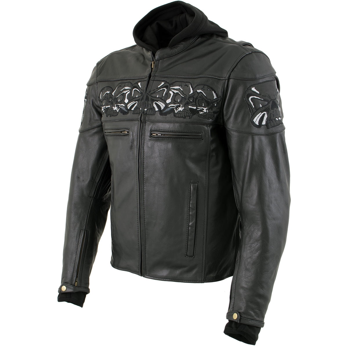 Photo 1 of SMALL- Xelement Xelement XS1504 Futile Men's Black Armored Scooter Leather Jacket with Reflective Skulls and Hoodie Black Small