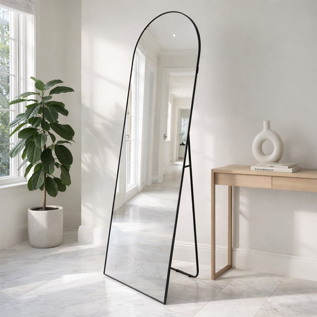 Espejo De Piso Cuerpo Completo Grande Arqueado Decorativo De Pared con Soporte y Marco de Aluminio para Dormitorio Sala Comedor o Cuarto de 160 cm