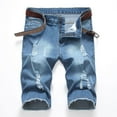 thumbnail image 2 of IROINNID Men's Denim Bermuda Shorts Zipper Elastic Waist Jeans Casual Play Wrap Ripped Men's Mid-length Denim Pants, Blue, 2 of 4