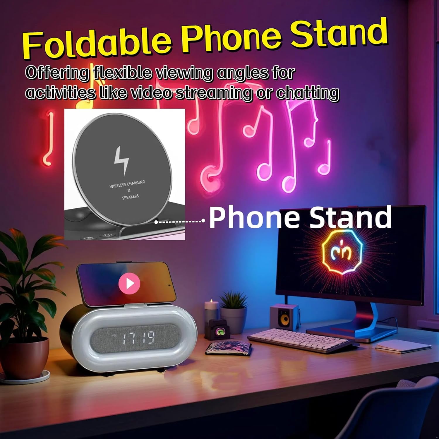 5 in 1 Portable Bluetooth Speaker with Dual Stereo Speakers, 9 Modes RGB LED Atmosphere Lights, 10W Wireless Charging Station with Phone Stand, Dimmable Clock, for Teen Boy Girl Trendy Stuff Gift