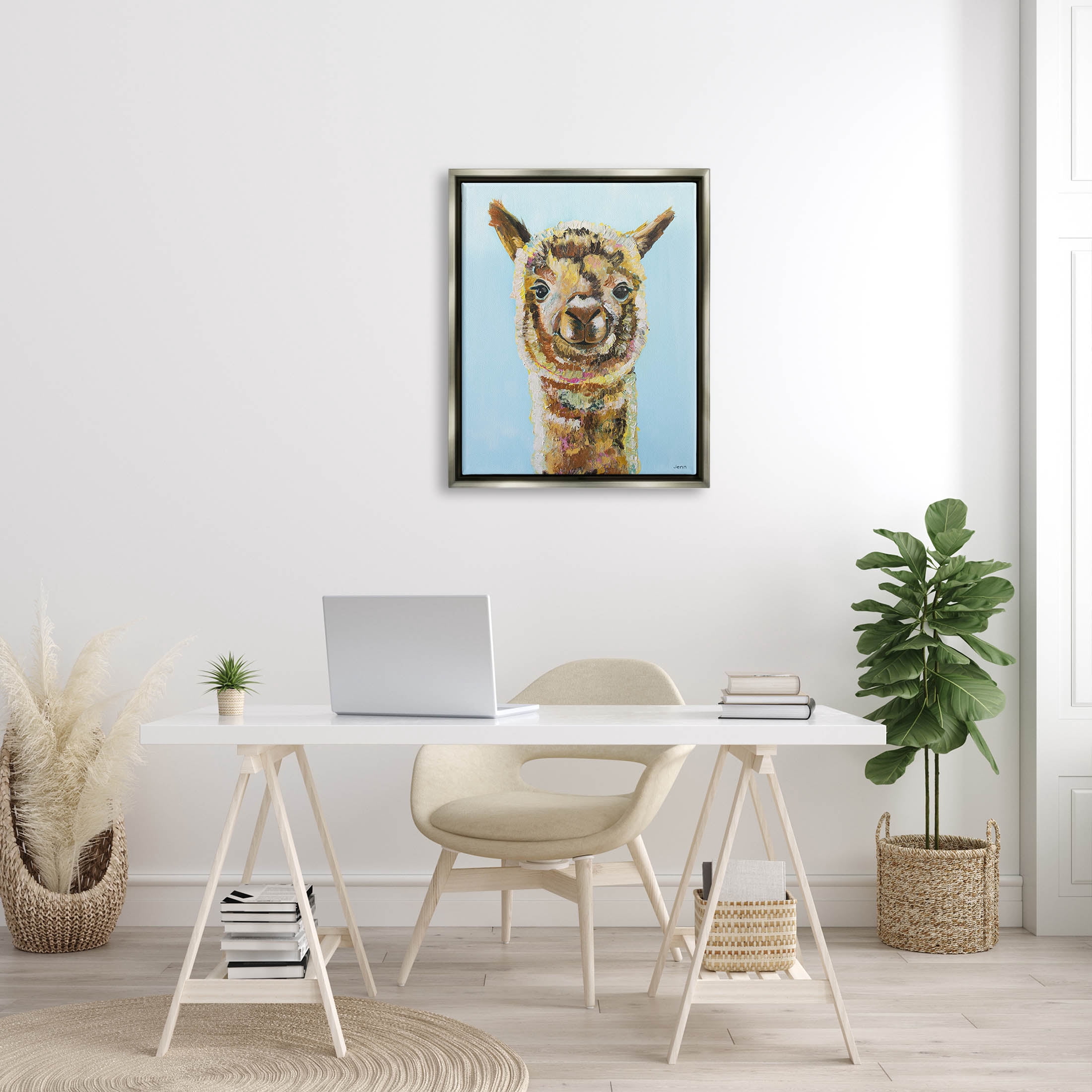 Happy Llama Farm Animal Face Animals & Insects Painting Luster Gray Framed Art Print Wall Art