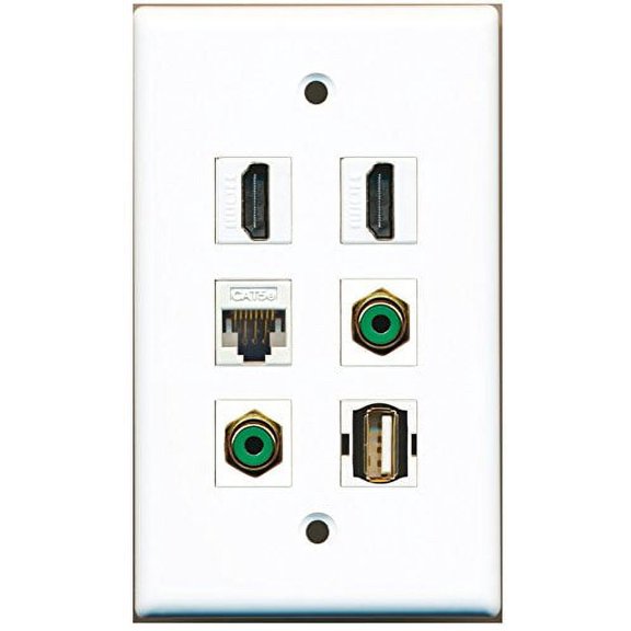 RiteAV - 2 HDMI 2 Port RCA Green 1 Port USB A-A 1 Port Cat5e Ethernet White Wall Plate