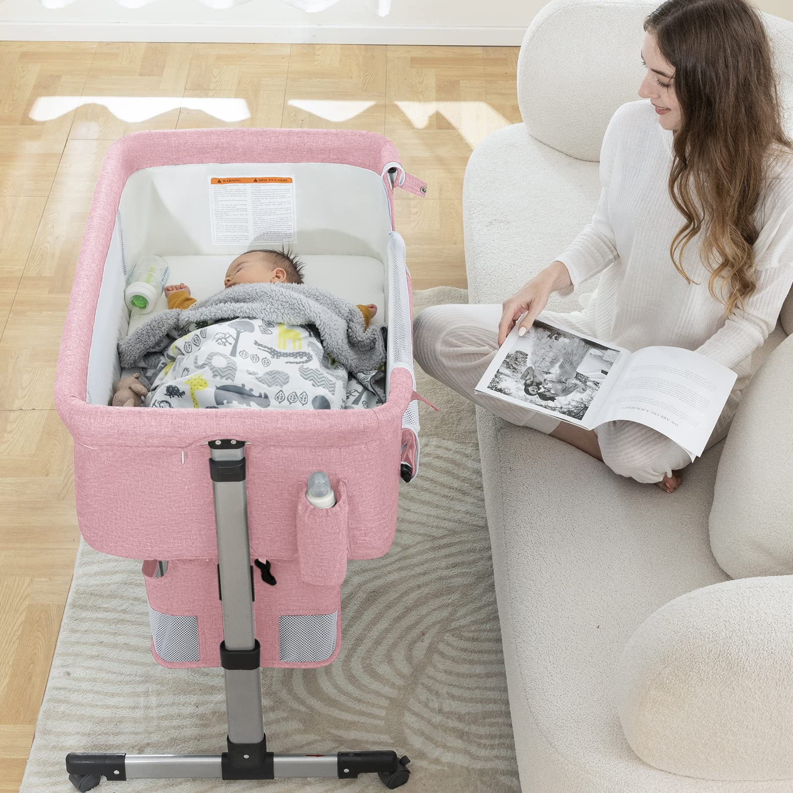 NEWLAKE 3 in 1 Bassinet for Baby, Height Adjustable Bedside Sleeper for Newborn Infant/Baby Boy/Baby Girl (Pink)