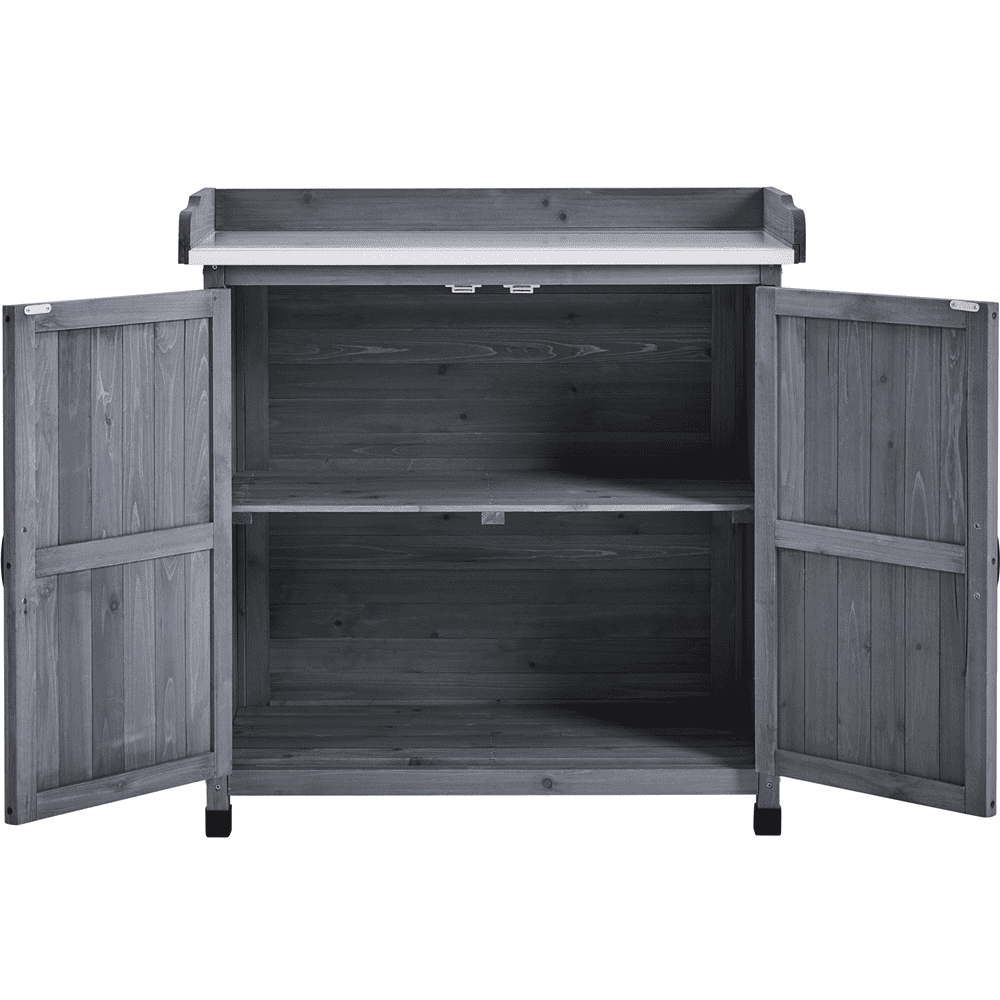 Renwick Garden Potting Bench Table with Cabinet, Gray