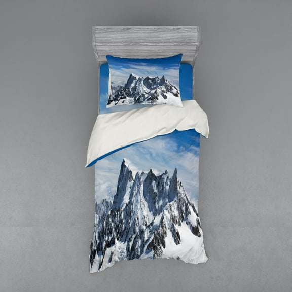 Ambesonne Nature Bedding Set 3 Pcs, Picturesque Mont Blanc, Twin, White Blue