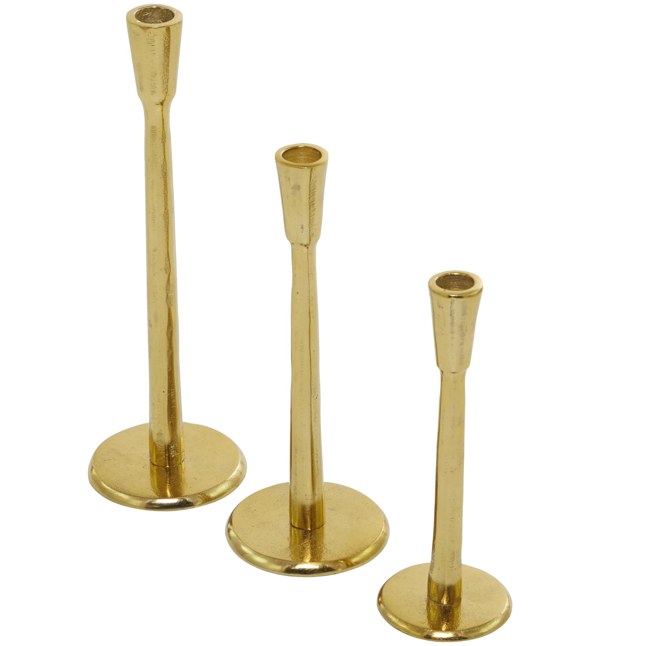 DecMode 3 Candle Gold Aluminum Metal Slim Candle Holder with Round Bases, Set of 3