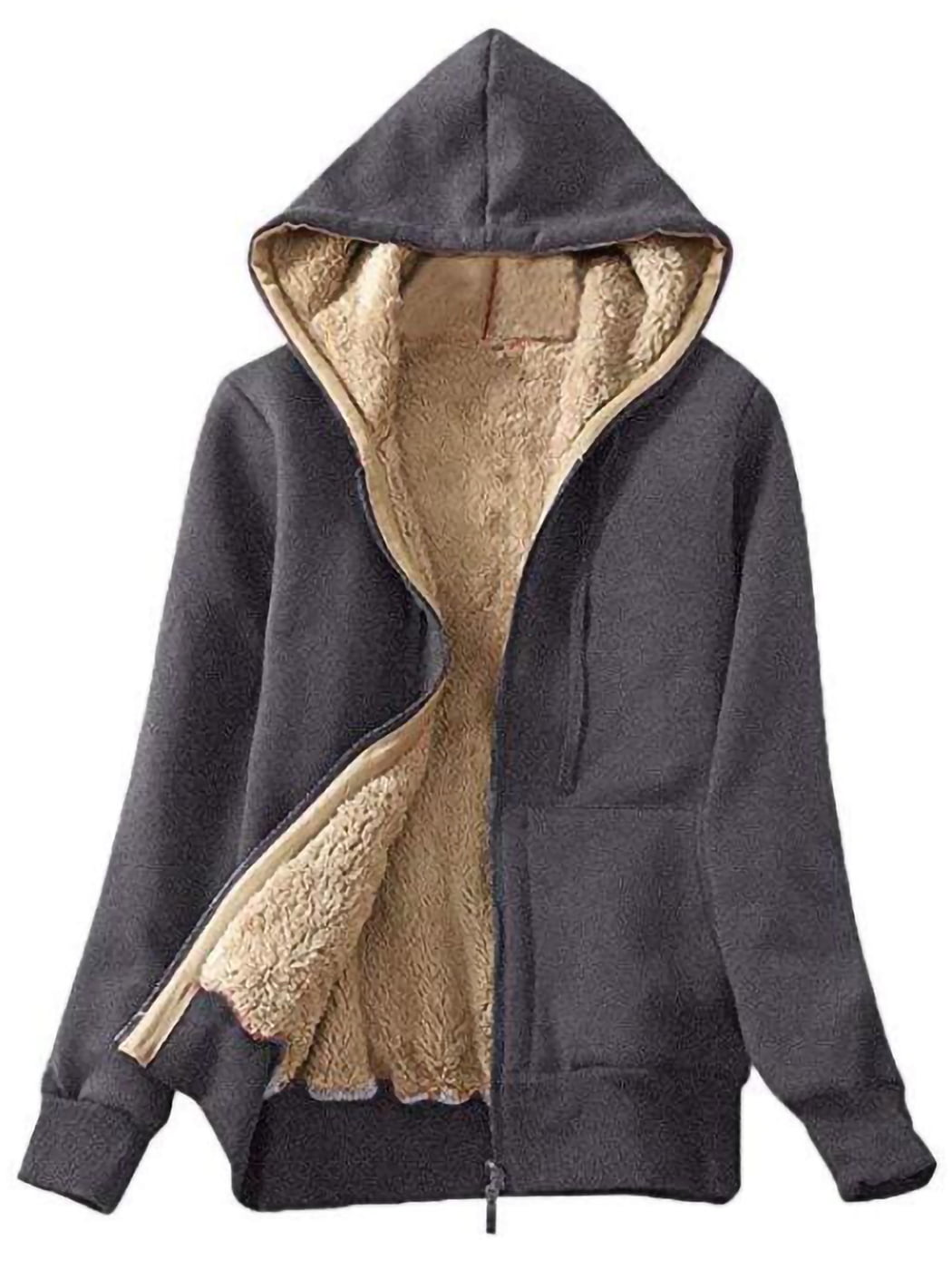 CGKUITER Womens Sherpa Plush Sweatshirt Autumn Warm Long Sleeve Hooded Zip Pocket Jacket 