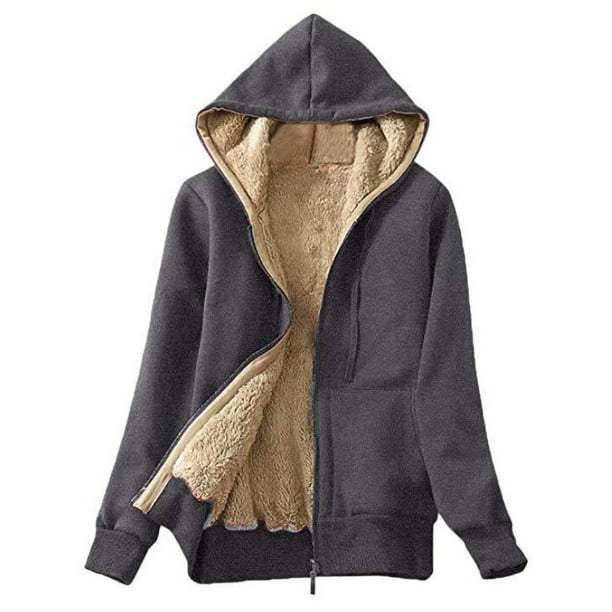 Women's Solid Thick Sherpa Fleece Lined Zip Up Pockets Hoodie 
