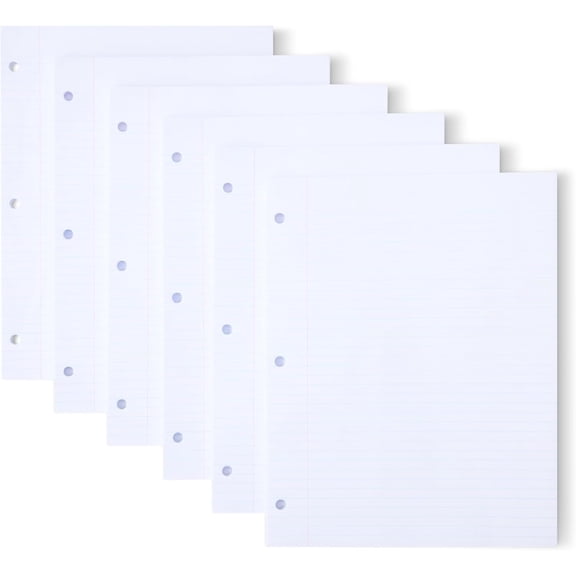 Loose Leaf Paper, College Ruled Paper, 3 Hole Punched, 100 Sheets, 11" x 8.5", 6 pack, White