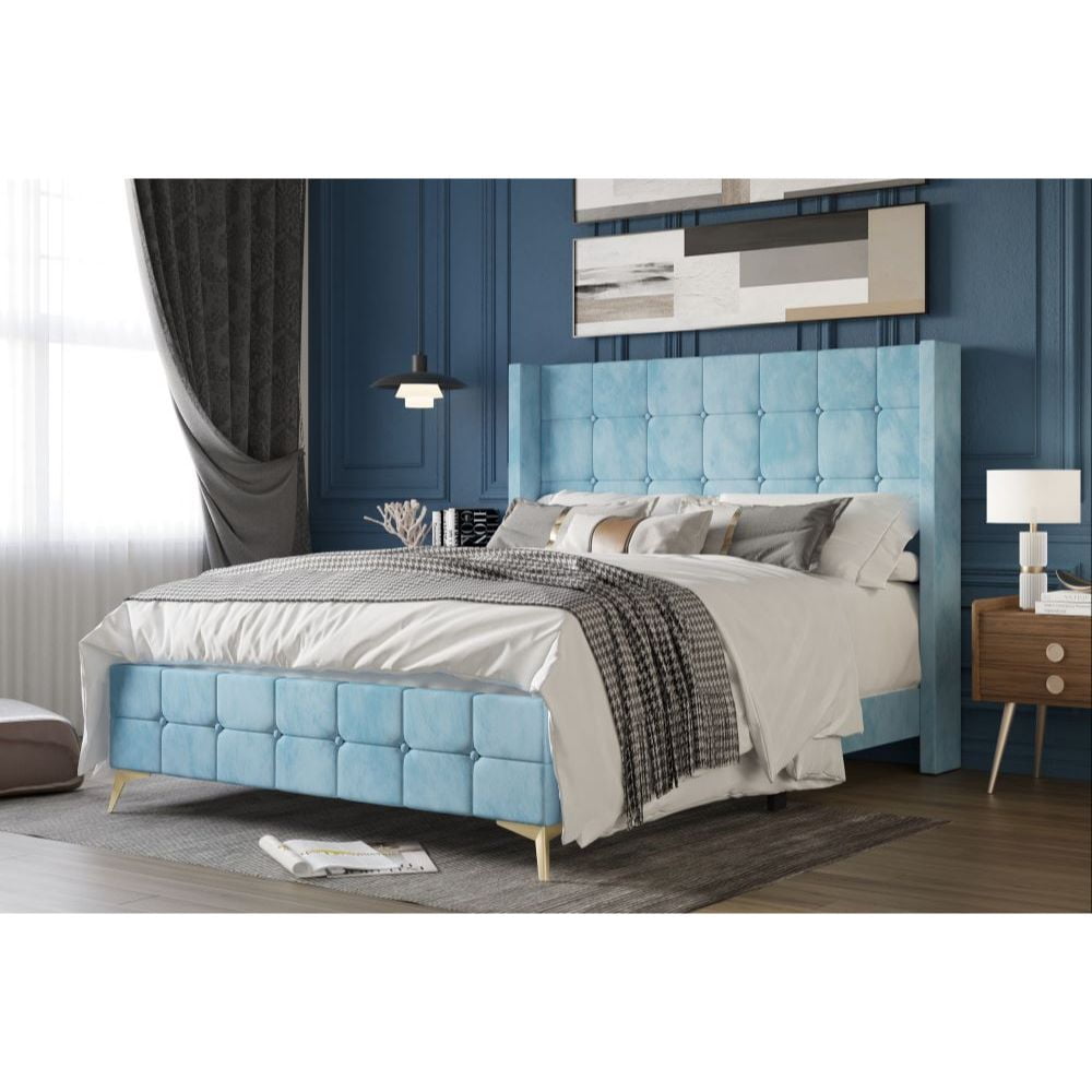 Home Design Gisella Full Upholstered Panel Bed Frame with Headboard Wingback for Adult, Blue, Easy Assembly