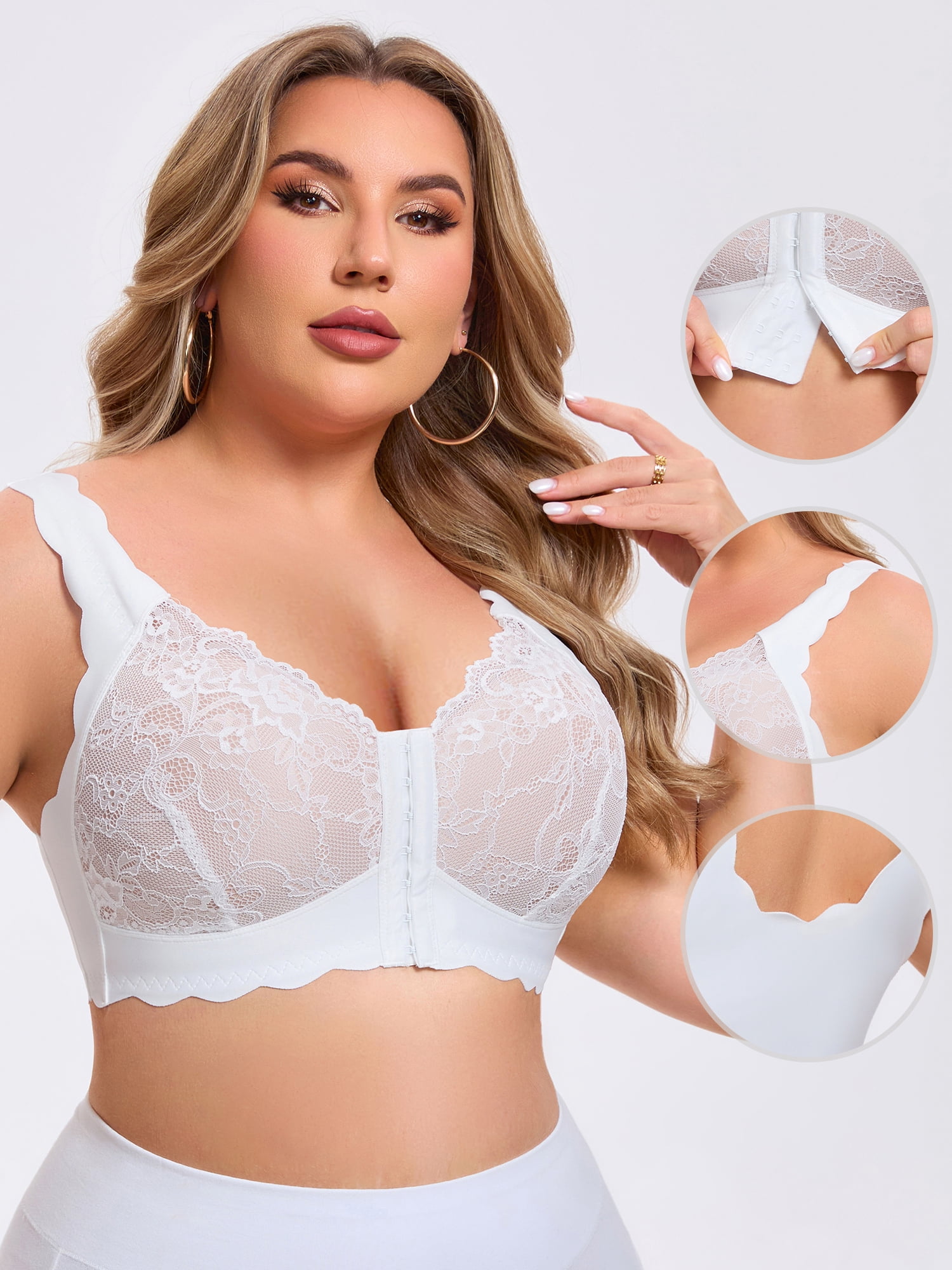 DARING DIVA Women's Front Closure Lace Bra Deep U Wire-Free Floral Bralette E 48 White