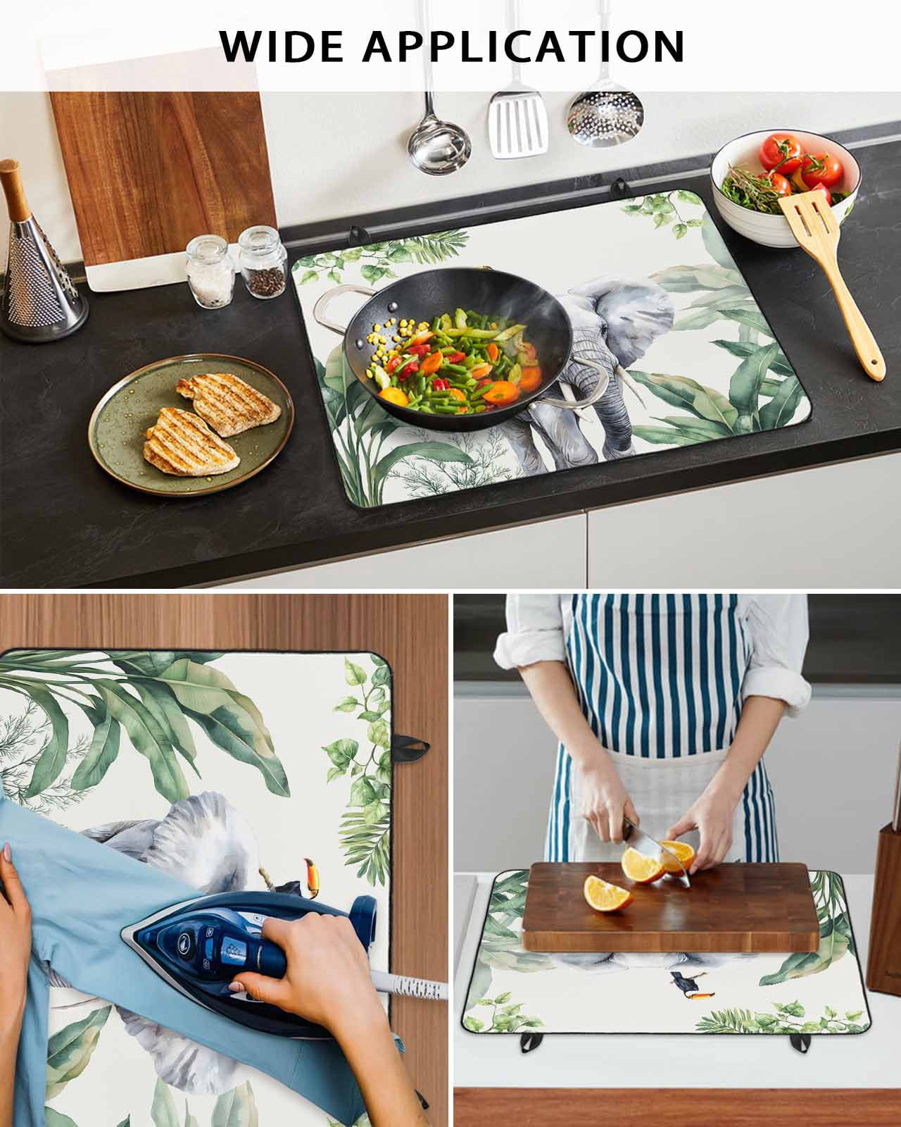 nqOlkjepod Large Induction Cooktop Protector Mat 36"x21", Tropical Elephant Bird Stove Top Covers for Electric Stove, Watercolor Summer Palm Leaf Stove Burner Cover Mats, Glass Top Stove Cover