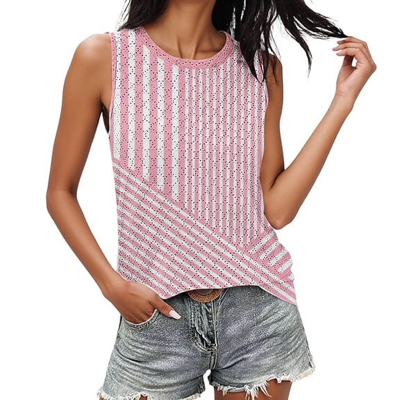Bosfbaoi Tank Tops for Women Striped Crochet Sleeveless Shirts Round Neck Hollow Out Casual Summer Tops