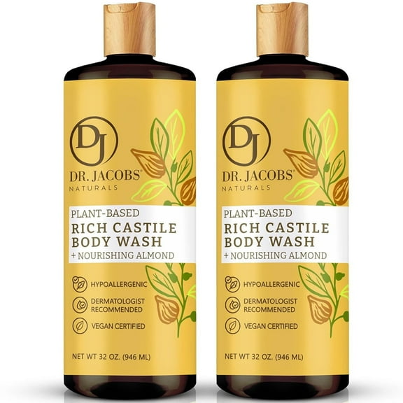 Dr Jacobs Naturals Castile Soap Body Wash Plant Based Liquid Soap, Almond 32 Oz 2-Pack