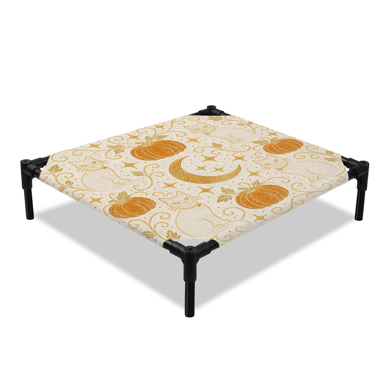 Halloween Orange Cat Elevated Dog Bed Fall Mystical Whimsical Pumpkin Leaf Star Moon Cooling Breathable Outdoor Raised Dog Cot Bed with Metal Frame Non-Slip Feet for Small Dog 20x20in