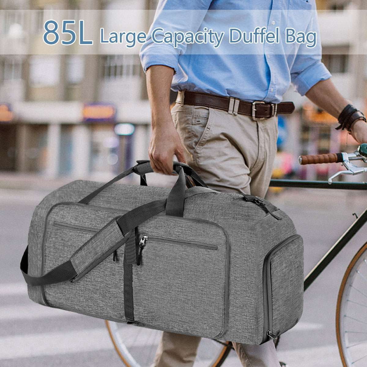 Spencer 85L Travel Duffel Bag for Men, 27" Extra Large Sport Duffle Bag Foldable Weekender Bag with Shoes Compartment, Overnight Carry on Bag Waterproof & Tear Resistant, Gray
