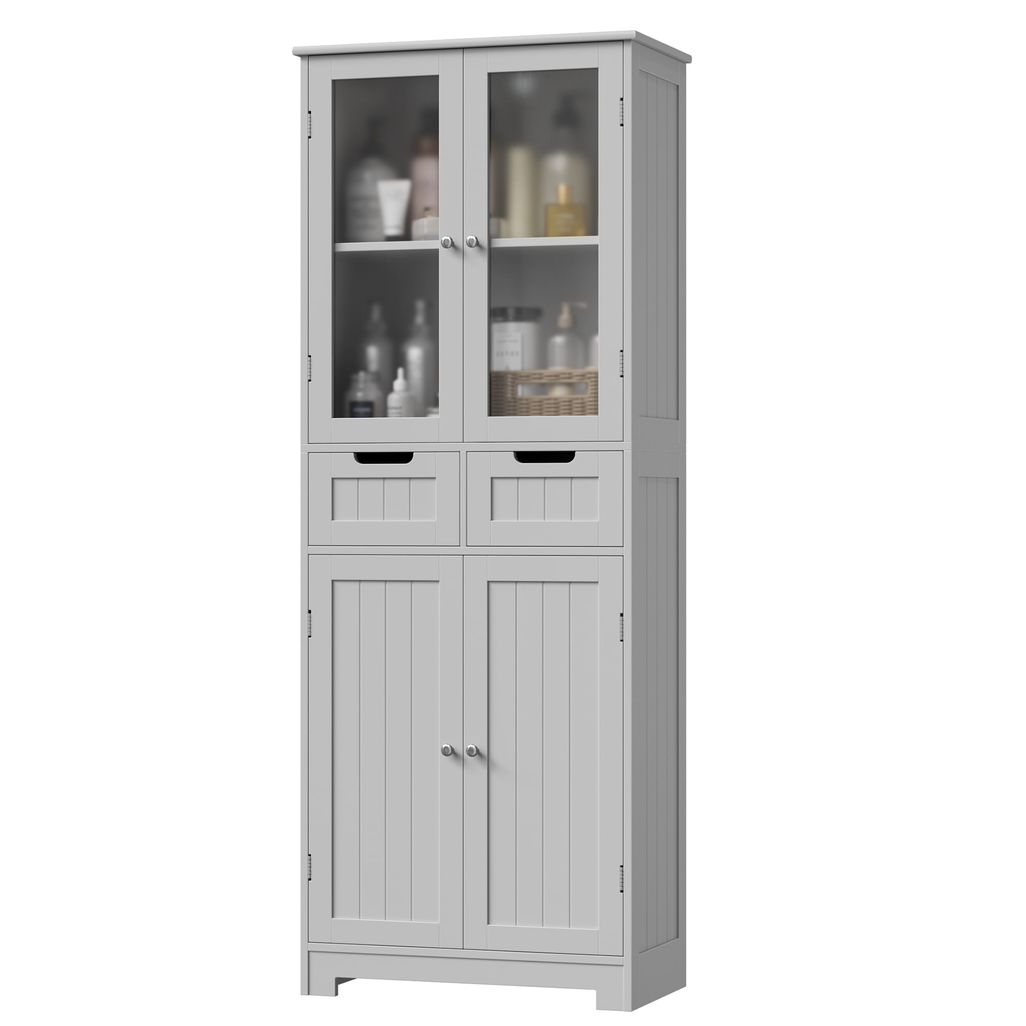 Homfa 4 Doors Bathroom Cabinet, 3-Tier Wood Tall Linen Storage Cabinet with 2 Drawers for Living Room, Gray