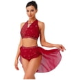 thumbnail image 3 of YiZYiF Women's Lyrical Dance Set Shiny Rhinestones Crop Top with Skirt 2-Piece Modern Dancing Dress Burgundy L, 3 of 7