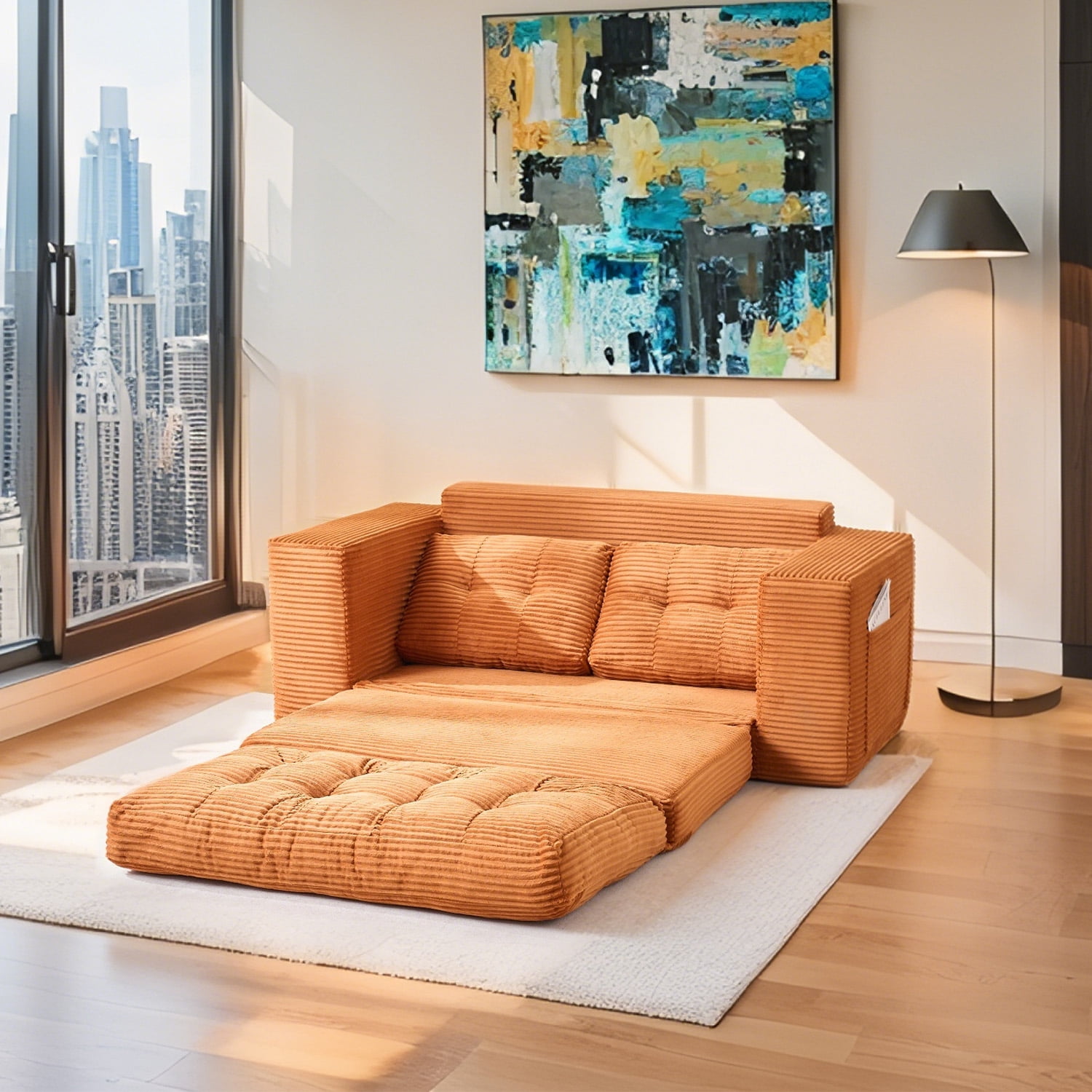 Leumius Futon Sofa Bed,2-in-1 Folding Sofa Bed with Memory Foam & Steel Frame,Corduroy Fabric Boneless Floor Sofa for Small Spaces, Apartments, Home Office & Bedroom,Orange