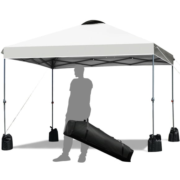 Gymax 10x10 FT Pop Up Canopy Tent 1-Person 1-Button Push Instant Setup Heavy Duty Frame Silver-Coated Top Portable Gazebo w/ 4 Sandbags White