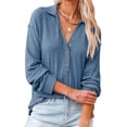 thumbnail image 3 of Camisa de punto con cuello en V para mujer, blusa informal de manga larga con cuello vuelto, Top azul L, 3 of 6