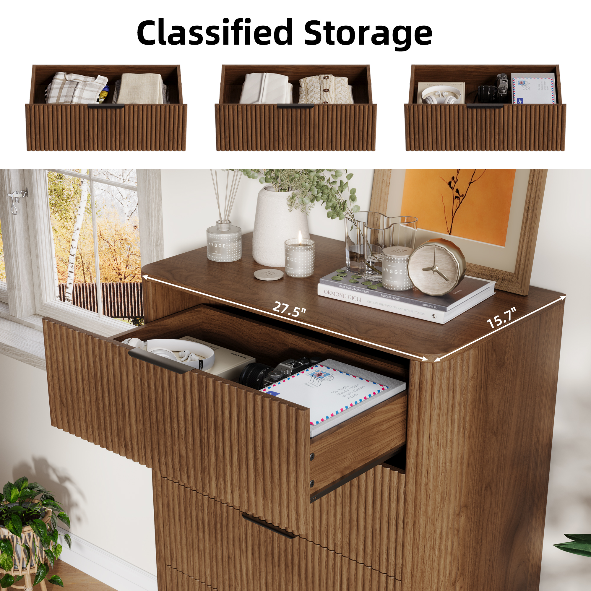 TOKSOM 45.2"H Walnut 5-Drawer Chest, Tall Narrow Dresser for Bedroom & Living Room | Space-Efficient Storage Cabinet with Smooth Drawers, Modern Organizer (25 lbs/Drawer)