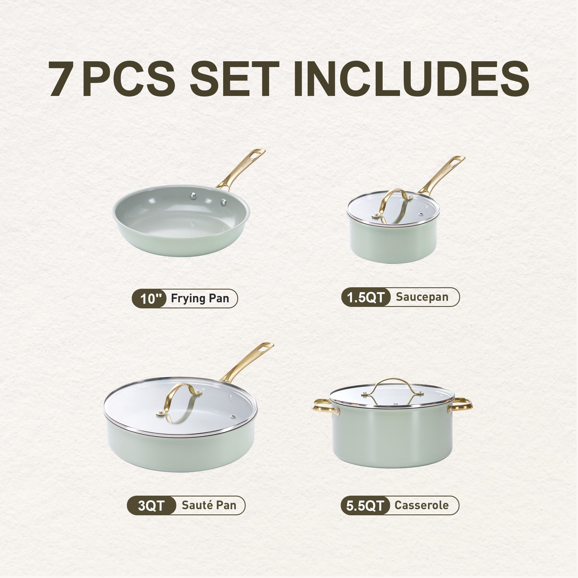 Chef Power 7 Pcs Ceramic Cookware Sets, Non-Stick Pots and Pans Set with Stainless Steel Handles, Dishwasher and Oven Safe, Sage Green with Light Gold Handles